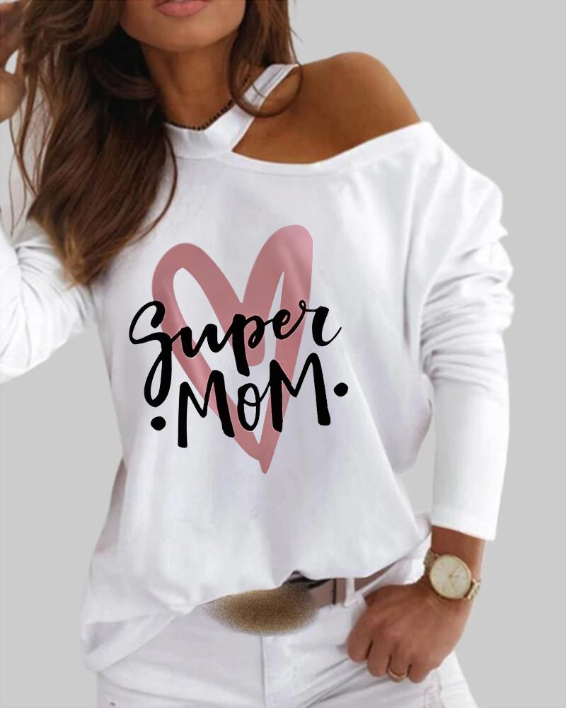 

Mother' Day Super Mom Heart Print Cold Shoulder Top, White