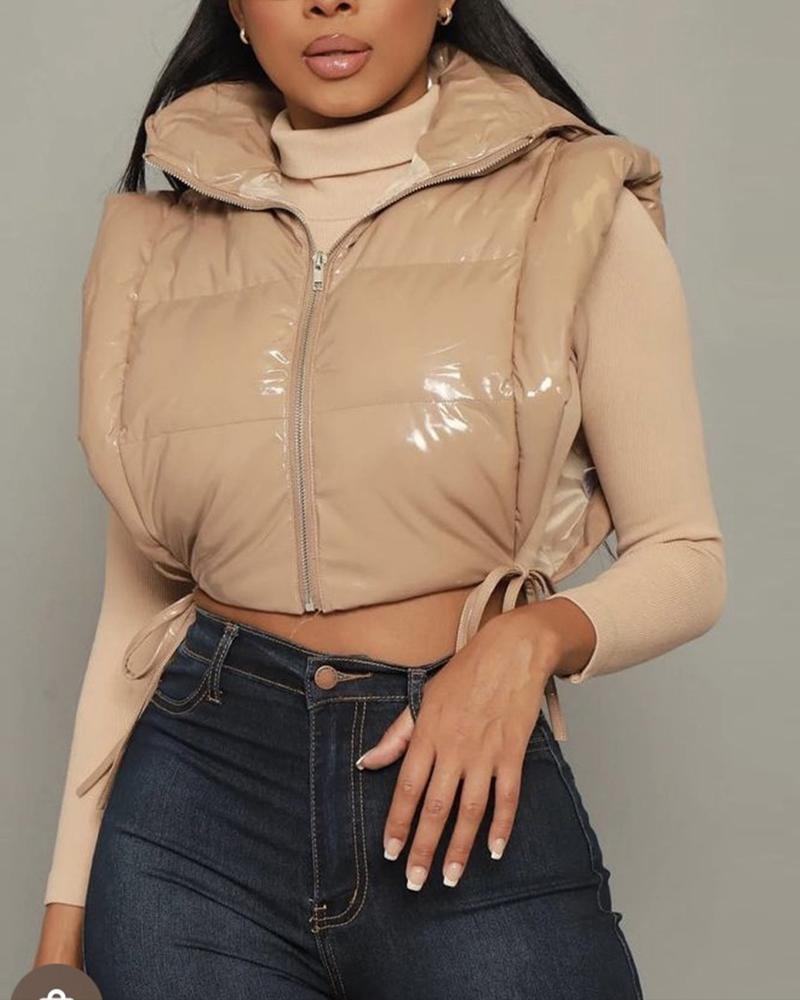

PU Leather Zip Up Hooded Gilet Puffer Jacket, Khaki