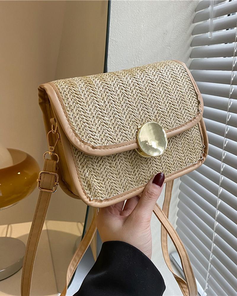 

Woven Lock Flap Shoulder Bag, Khaki