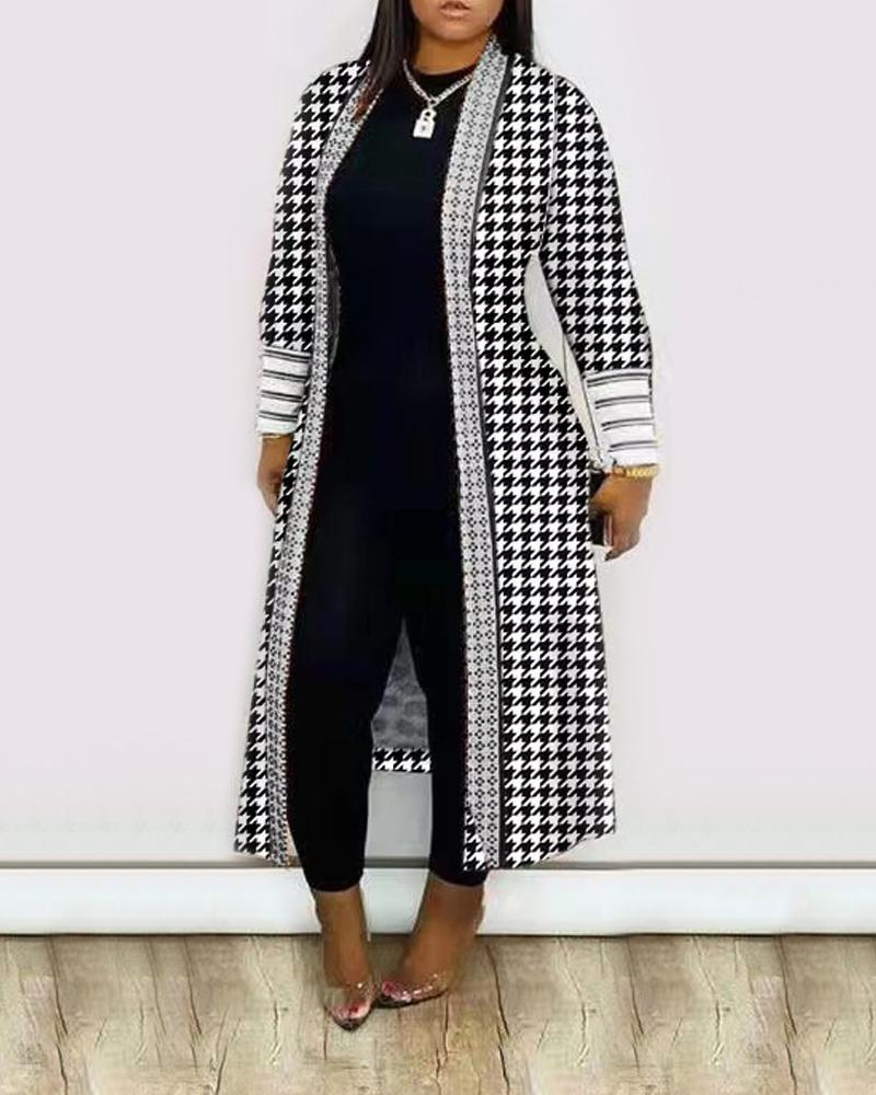 

Houndstooth Print Open Front Longline Coat, White