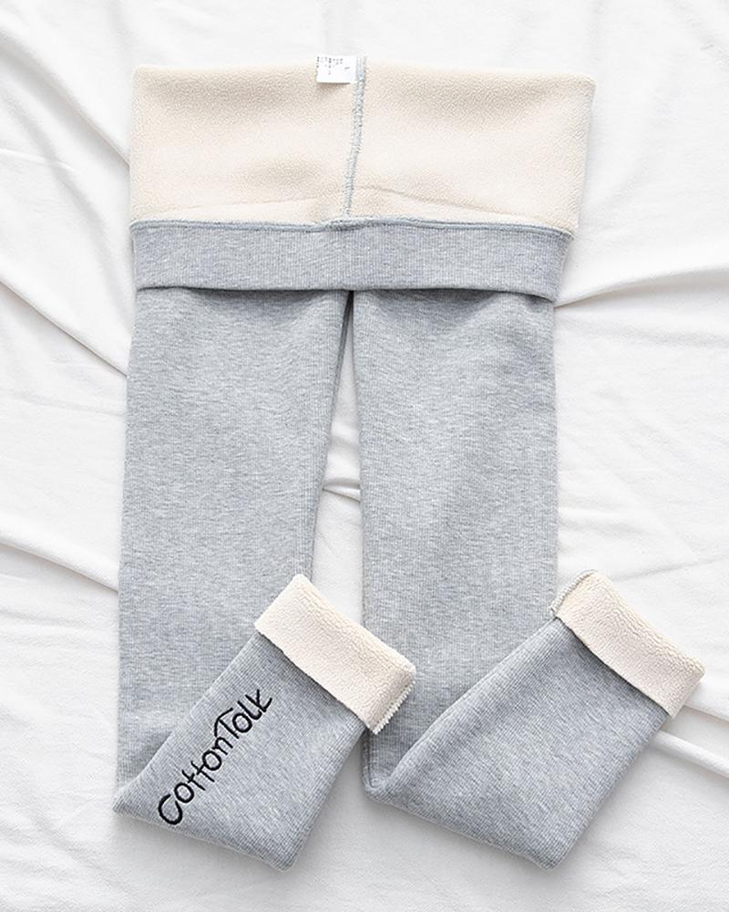 

High Waist Fleece Lined Letter Embroidery Thermal Warm Leggings, Gray
