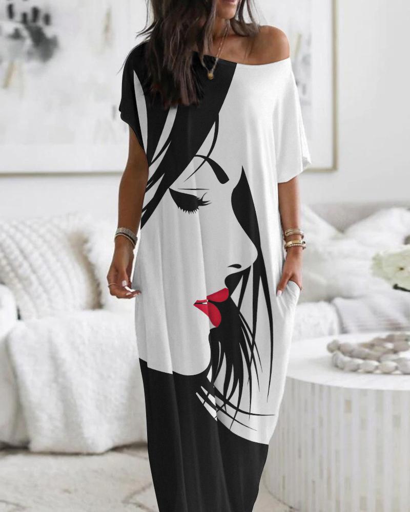 

Abstract Figure Print Pocket Detail Maxi Dress, Blackwhite