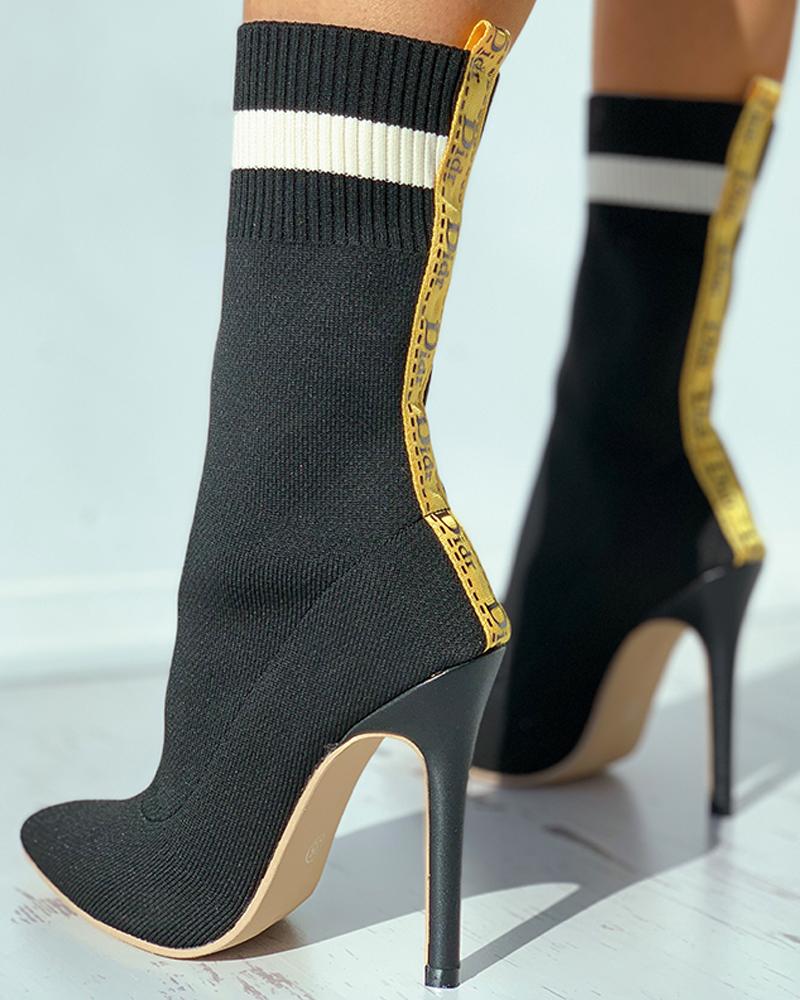 

Letter Strap Colorblock Pointed Toe Stiletto Heel Boots, Black