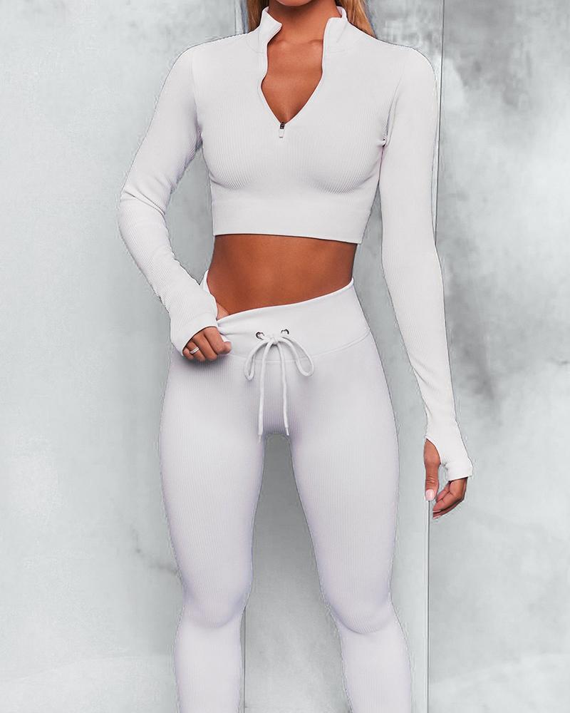 

Low Cut Plain Seamless Patchwork High Waist Active Sets, White