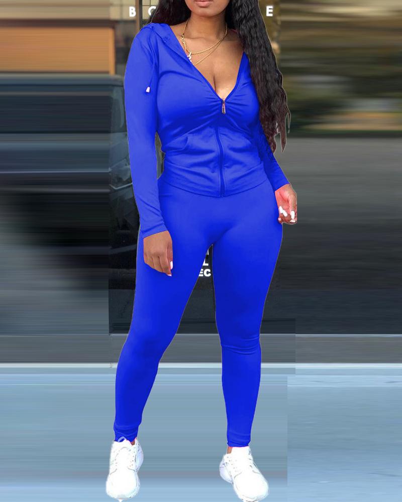 

Long Sleeve Zip Up Hooded Top & Pants Set, Blue