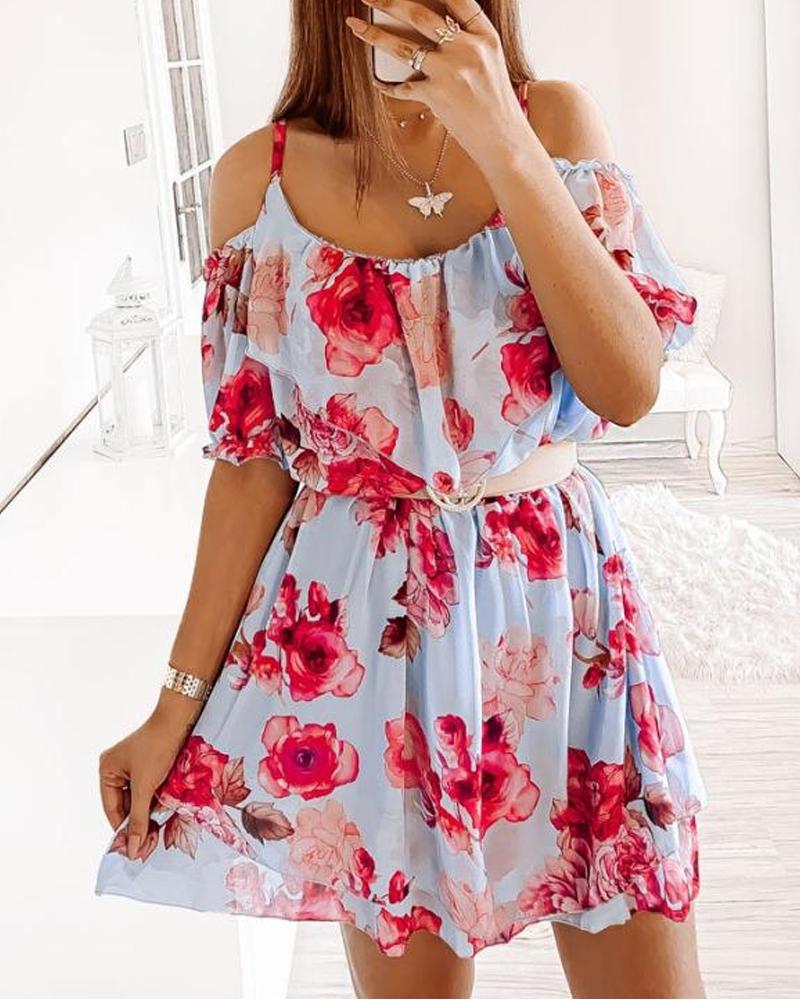 

Floral Print Cold Shoulder Chiffon Dress, Blue