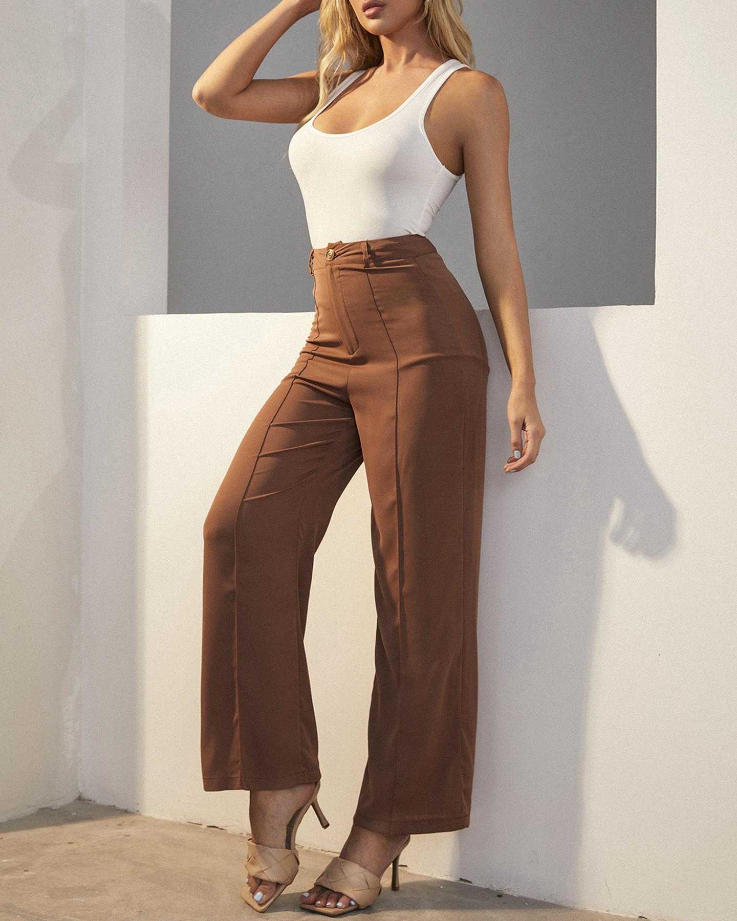 

Solid Ribbed Tanks With Solid Loose Straight Leg Pants Suit Sets, Khaki