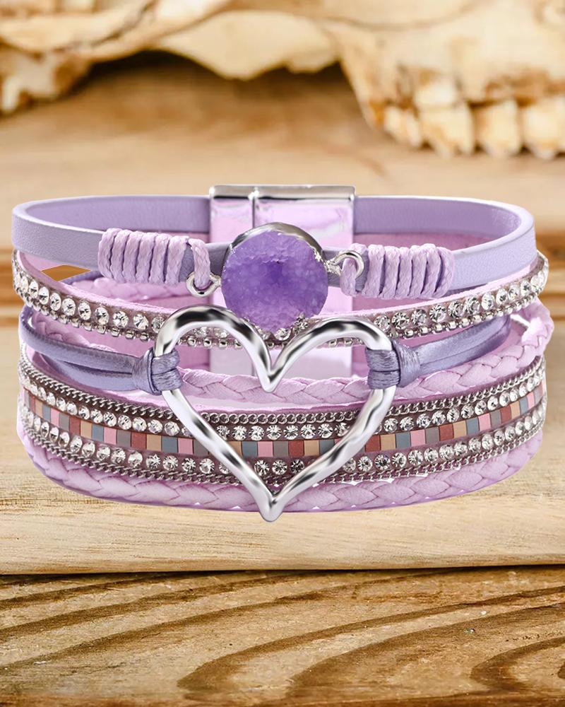 

1pc Rhinestone Heart Pattern Braided Magnet Bracelet, Purple