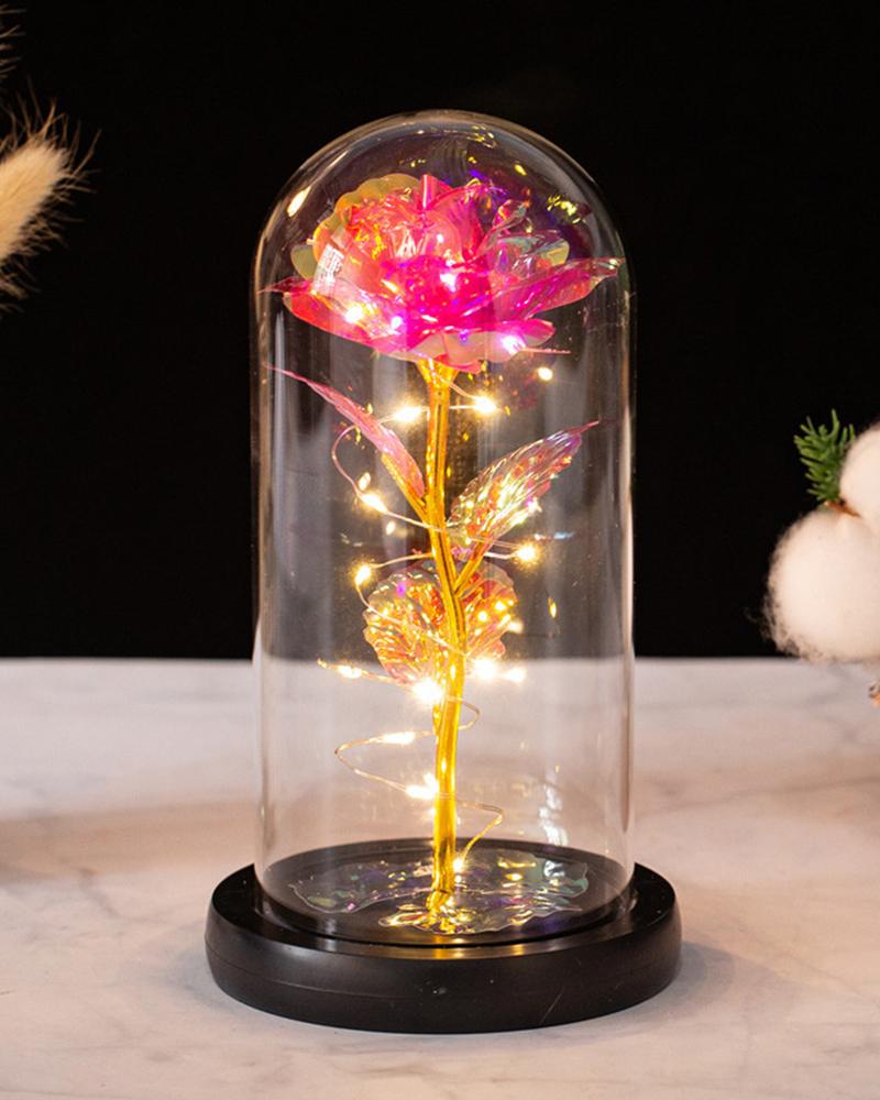 

1pc Mother's Day Girlfriend Birthday Gift PVC Cover LED Light Up Golden Leaf Rose Flower Preserved Flower, Pink