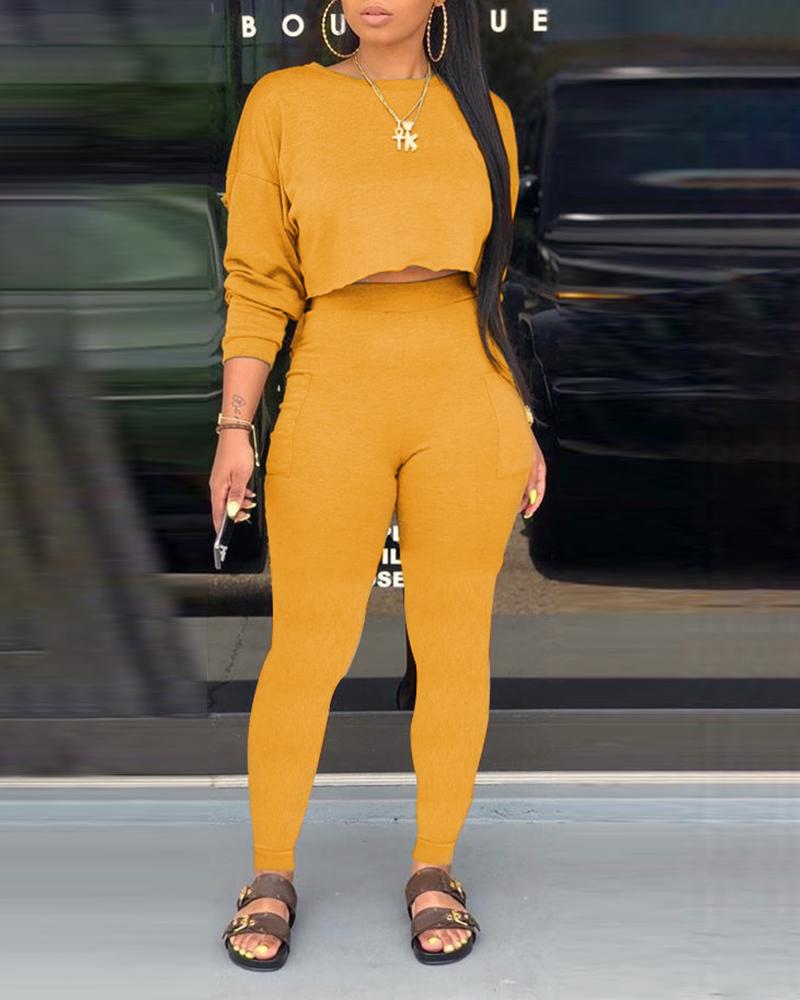 

Frill Hem Crop Top & Pocket Design Pants Sets, Yellow