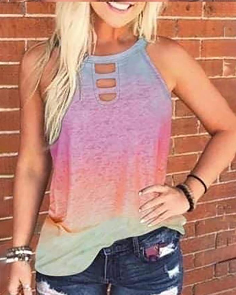 

Print Round Neck Cut Out Tank Top, Multicolor