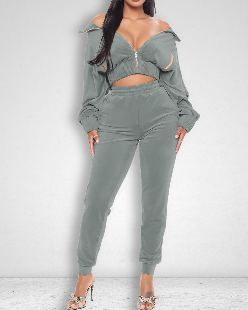 

Batwing Sleeve Zip Up Crop Top & Pants Set, Silver