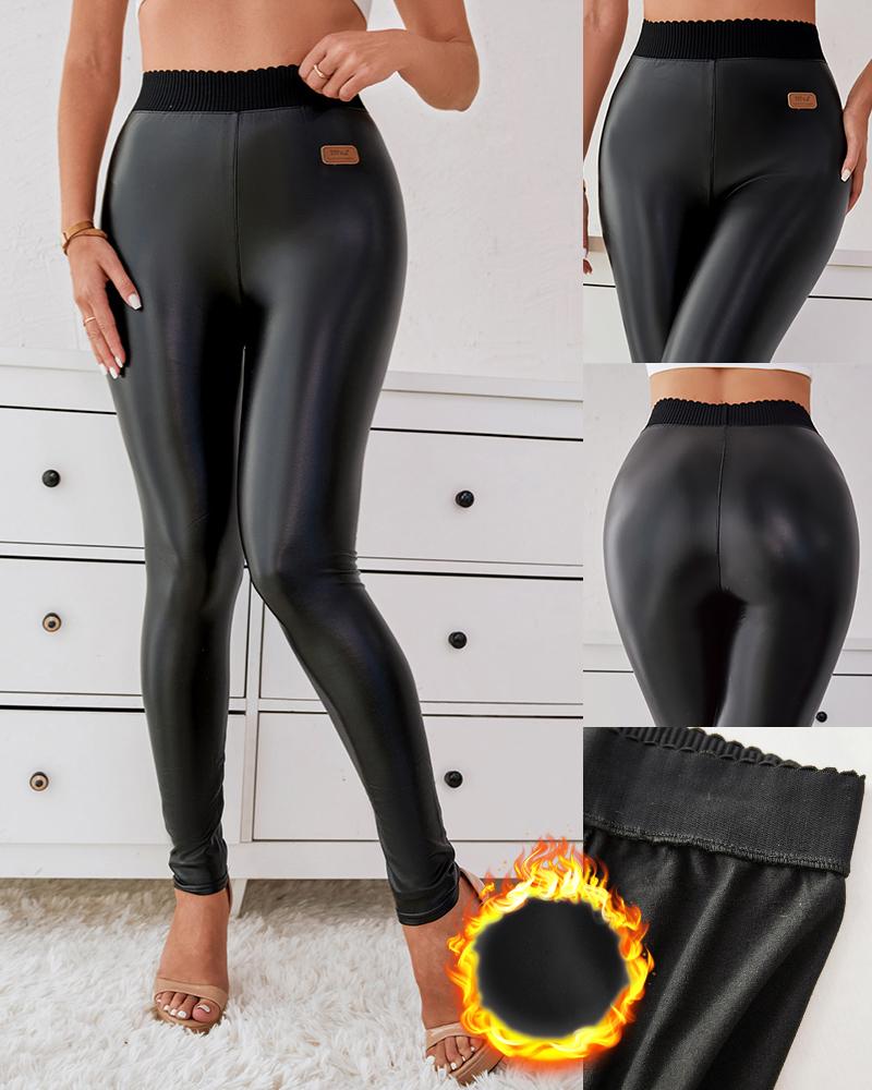 

PU Leather High Waist Fleece Lined Leggings, Black