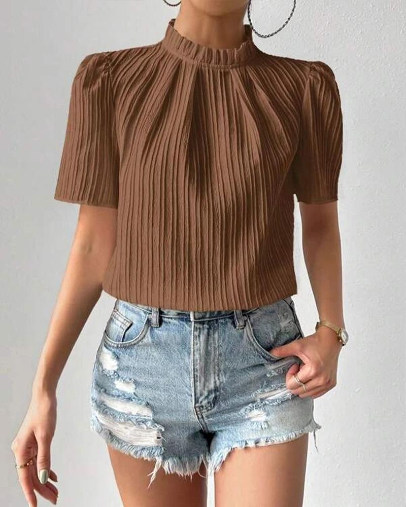 

Puff Sleeve Frill Hem Textured Top, Coffee