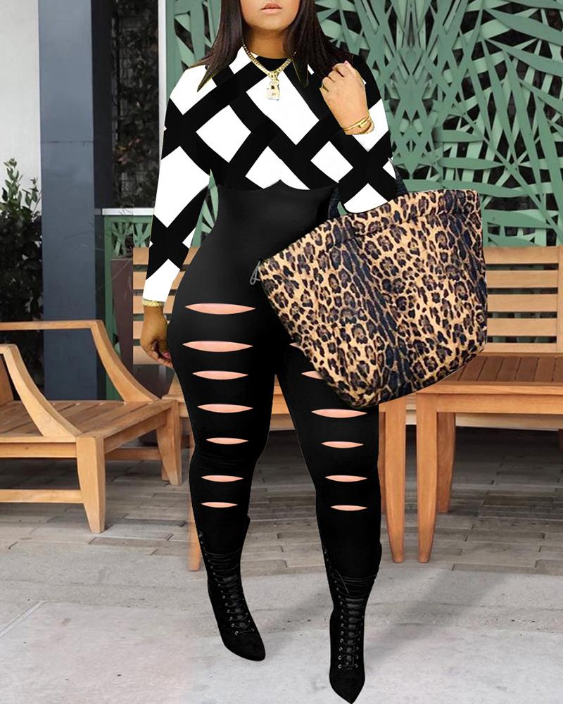 

Plus Size Mixed Print Long Sleeve Ladder Cutout Jumpsuit, White