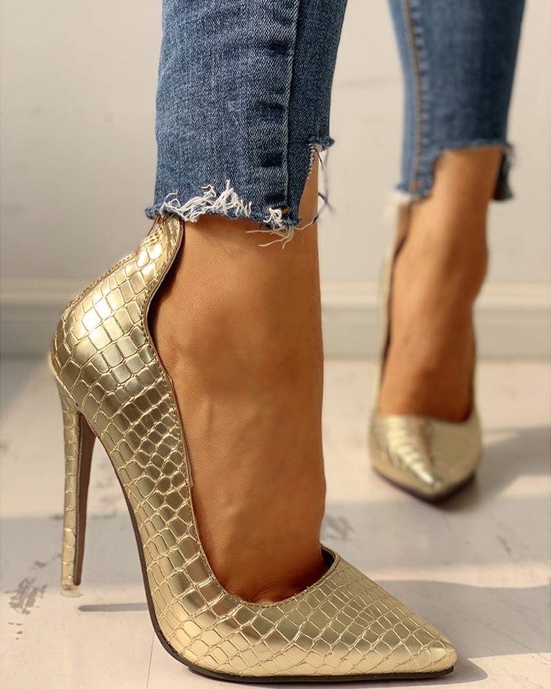 

Pointed Toe Zipper Back Thin Heels, Gold