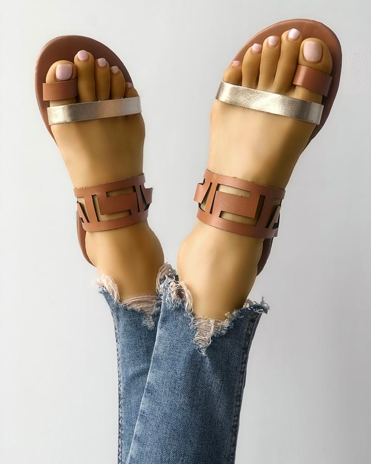 

Two Tone Hollow Out Toe Ring Flat Sandals, Yellow