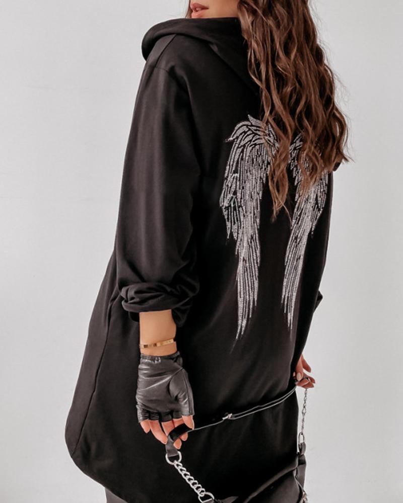 

Wings Embroidery Zipper Design Hooded Coat, Black