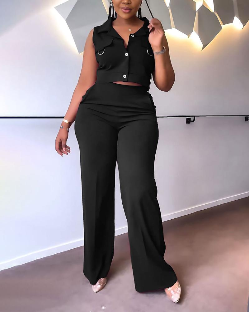 

Sleeveless Turn-down Collar Top & Pants Set, Black