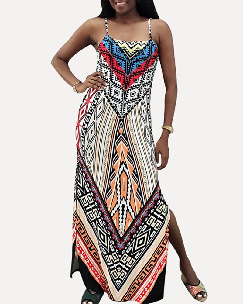 

All Over Print Slit Backless Spaghetti Strap Maxi Dress, White