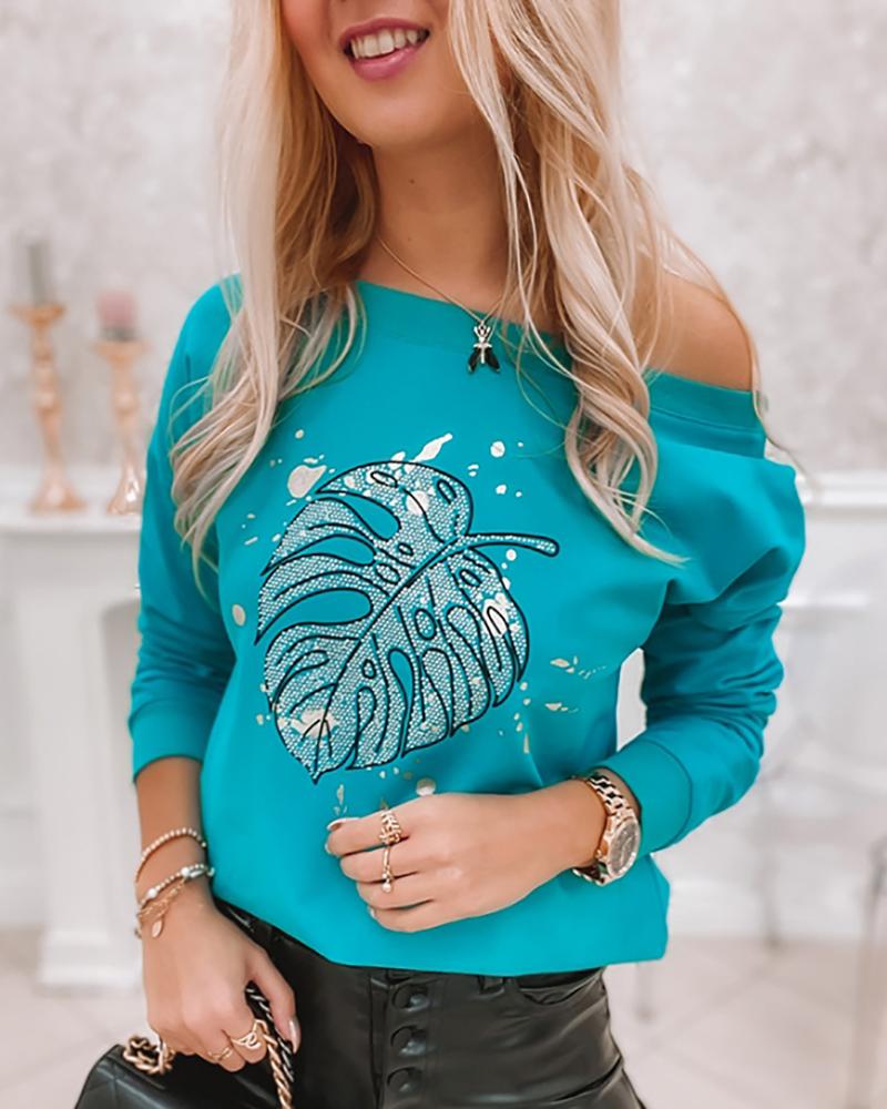 

Long Sleeve Leaf Print Rhinestone Sweatshirt, Blue