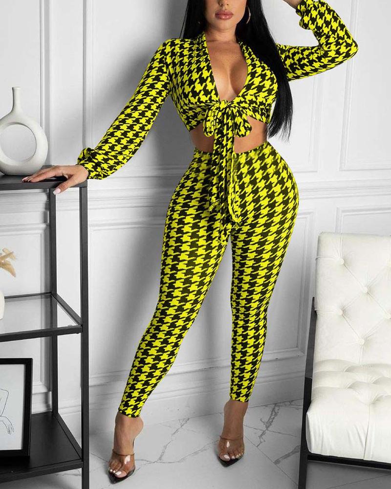 

Houndstooth Print Knot Front Crop Top & Skinny Pants Set, Yellow