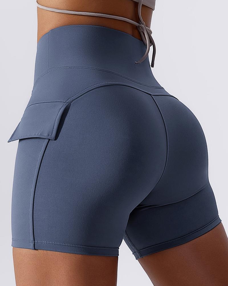 

High Waist Side Pocket Quick Dry Active Shorts, Gray