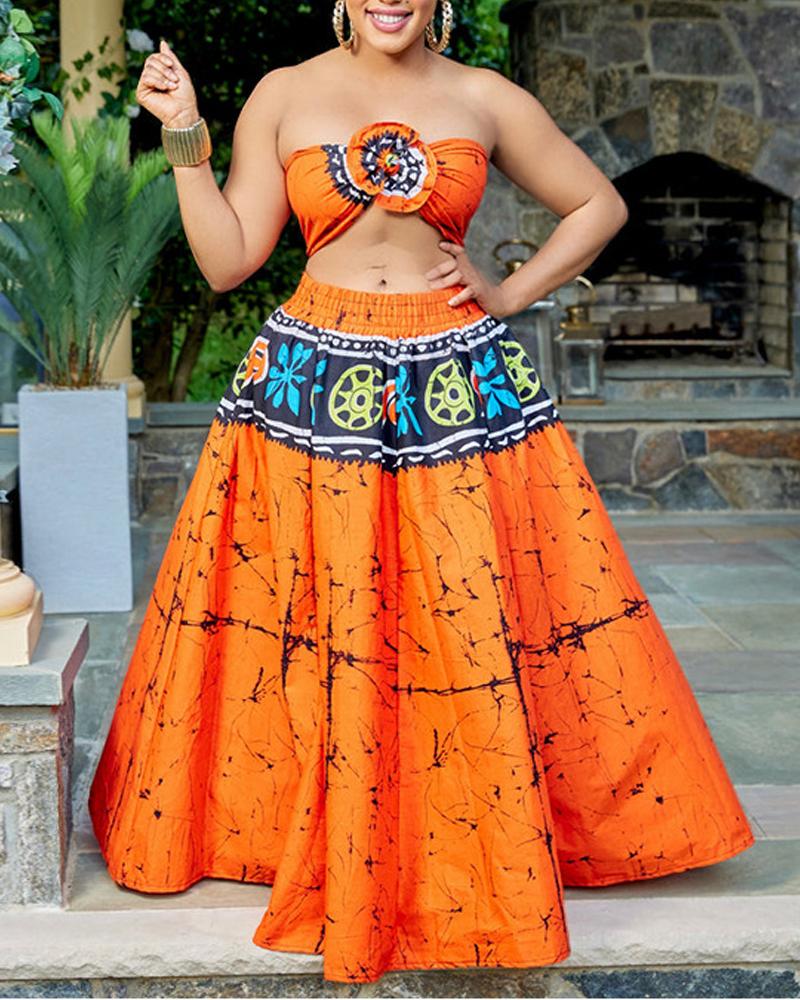 

Plus Size Tribal Print Crop Tube Top & Maxi Skirt Set, Orange
