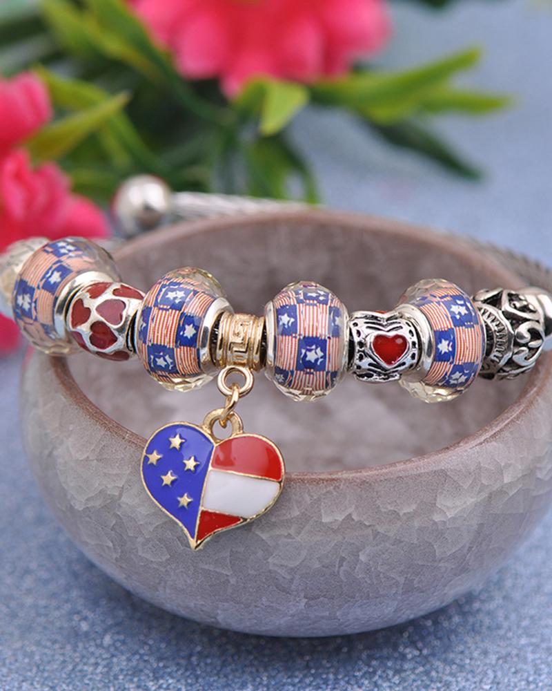 

1pc Independence Day USA Flag Heart Star Beaded Adjustable Bracelet, Multicolor