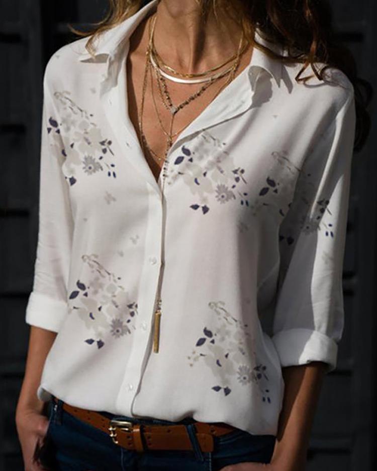 

Floral Print Long Sleeve Casual Shirt, White