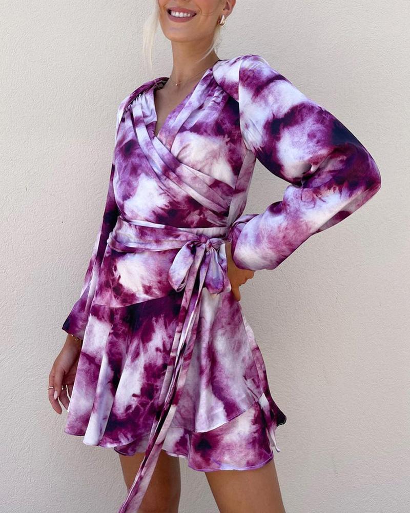 

Abstract Print Lantern Sleeve Ruffle Hem Wrap Dress, Purple