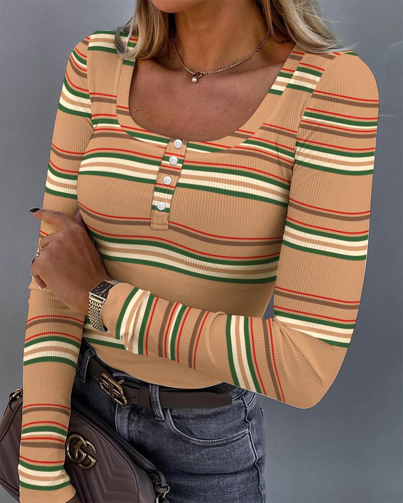 

Striped Print Long Sleeve Ribbed Top, Brown
