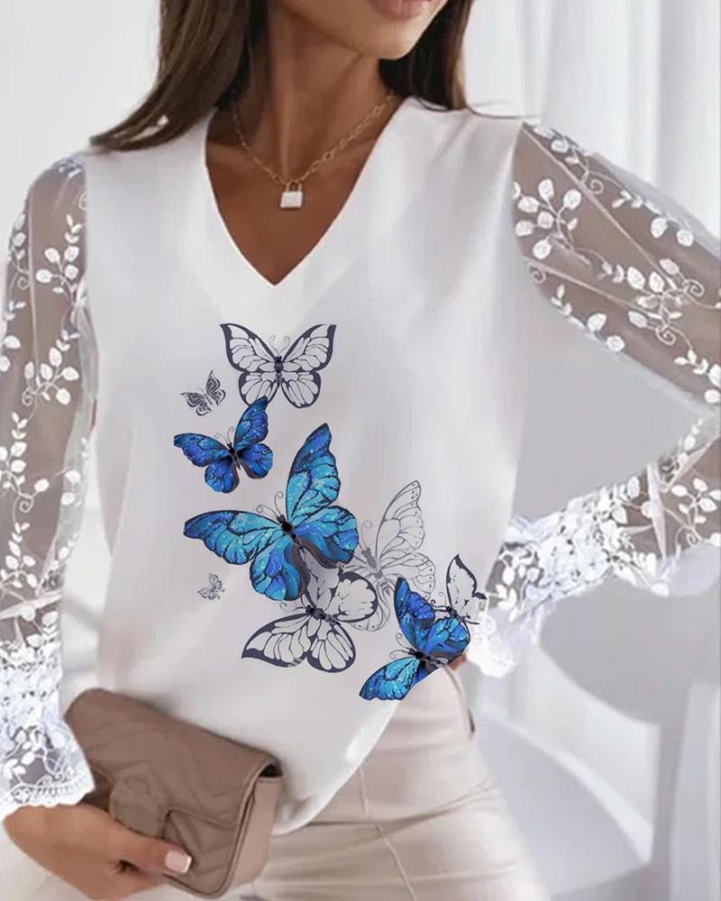 

Butterfly Print Lace Plants Embroidery Top, White