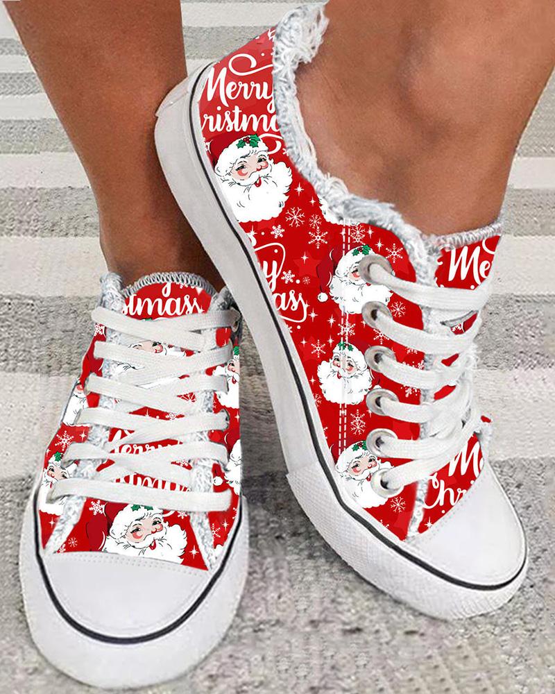 

Merry Christmas Berry Hatted Santa Claus Print Raw Hem Sneakers, Red