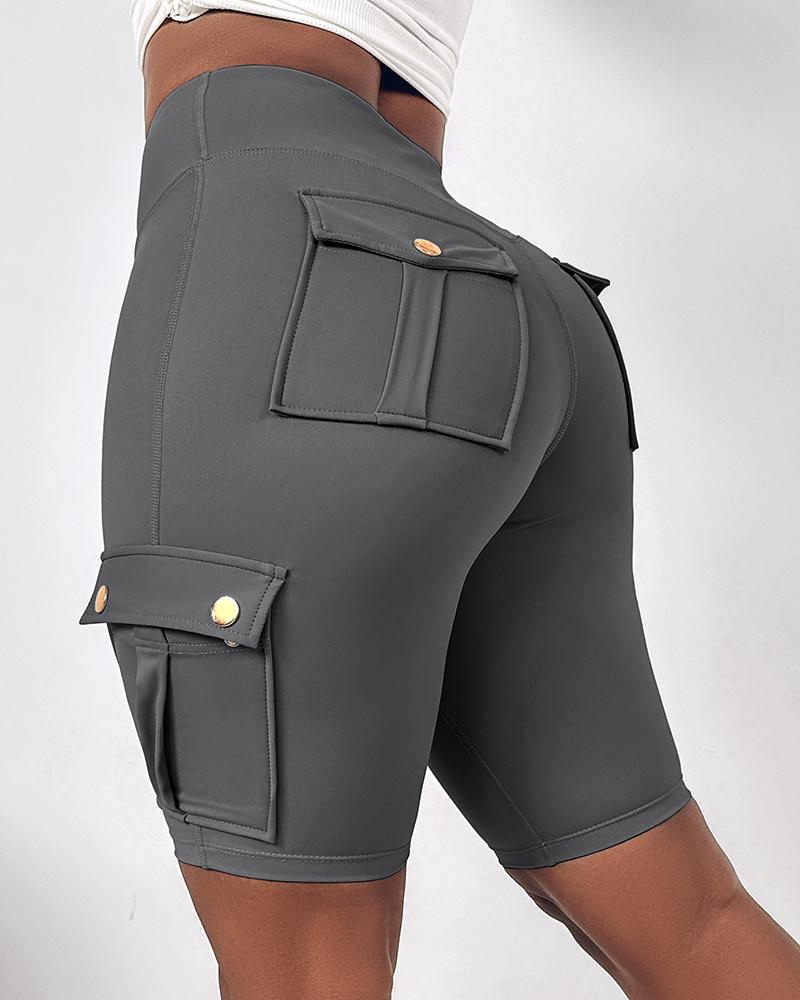 

Ruched Quick Dry Pocket Design Sports Yoga Shorts, Gray