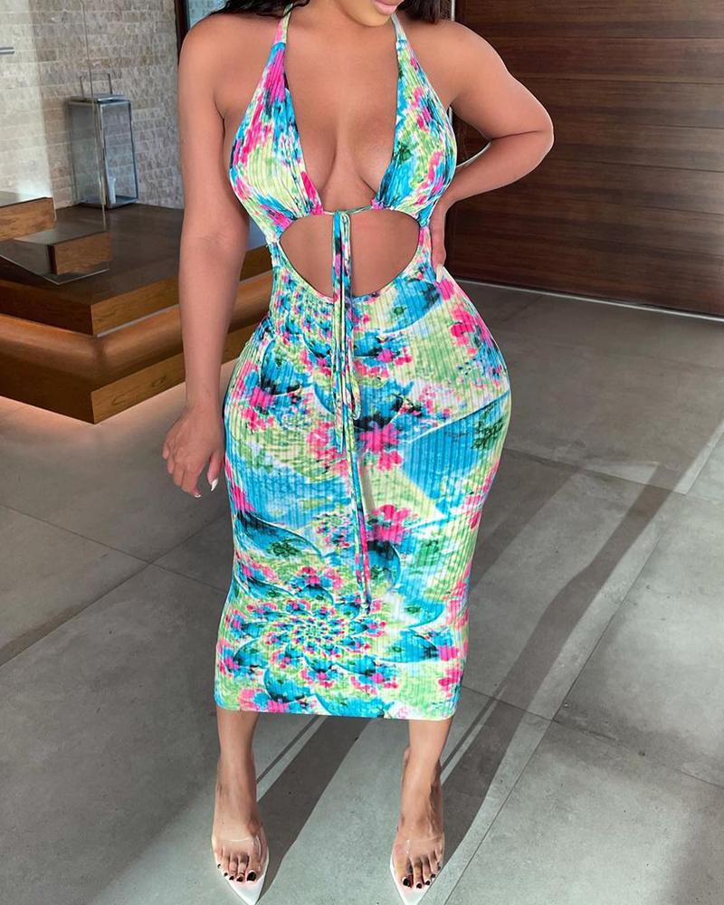 

Tie Dye Print Halter Cutout Tie Front Dress, Blue