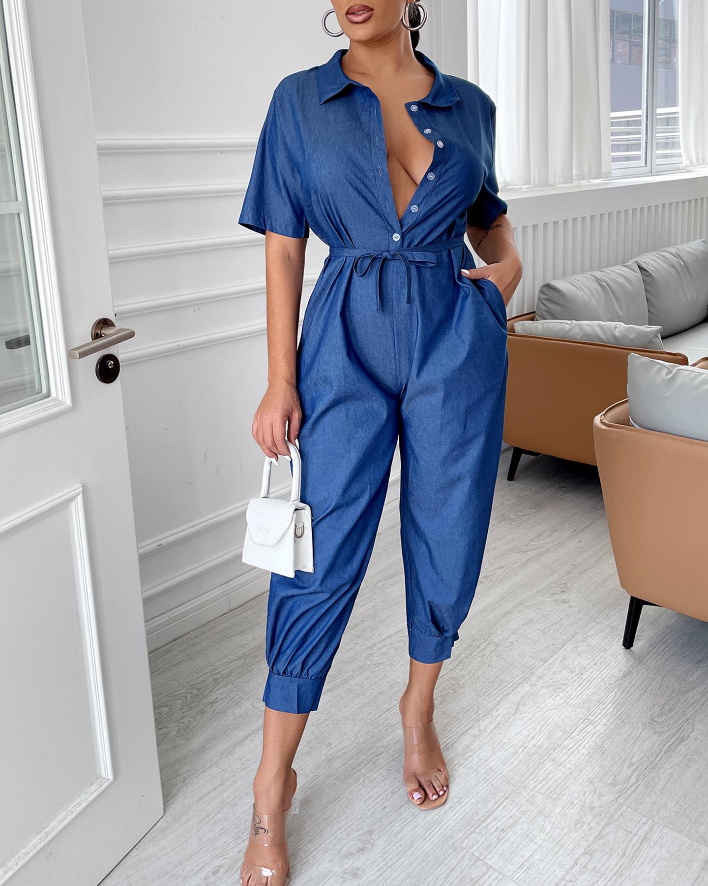 

Short Sleeve Buttoned Pocket Design Dneim Jumpsuit, Light blue