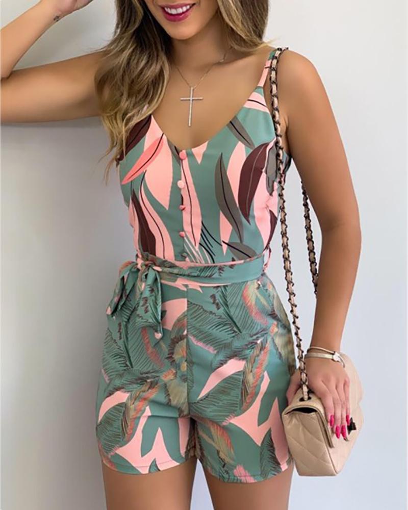 

Spaghetti Strap Leaf Print Striped Knotted Romper, Green