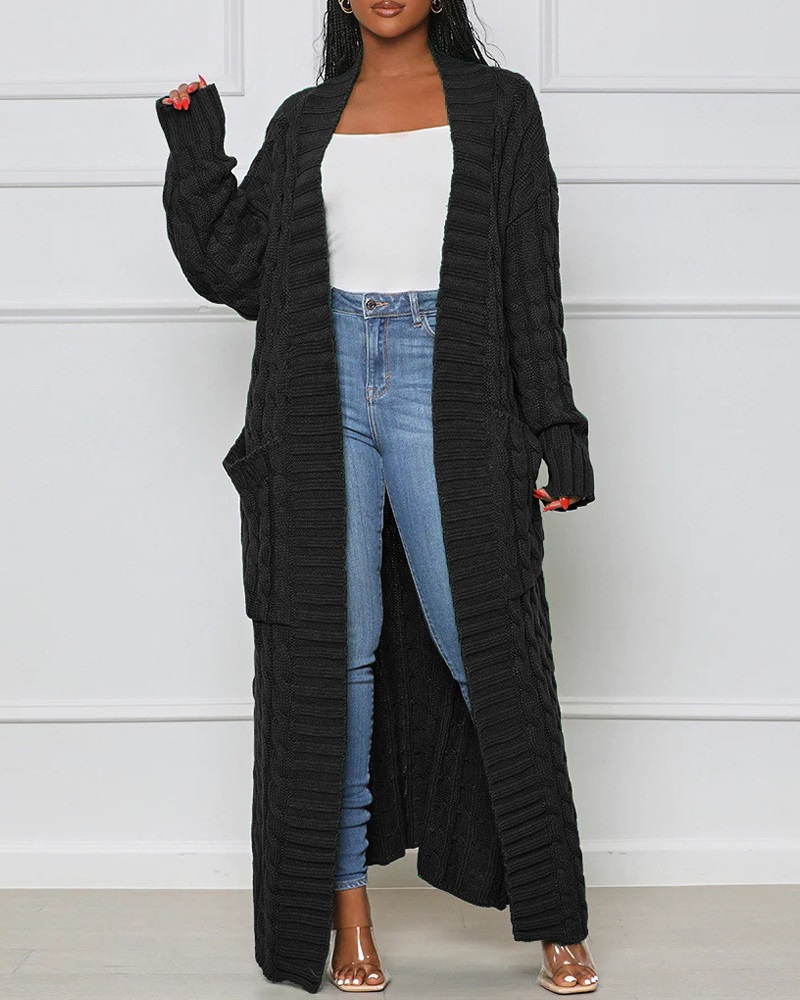 

Long Sleeve Cable Knit Longline Cardigan Open Front Sweater with Pockets, Black