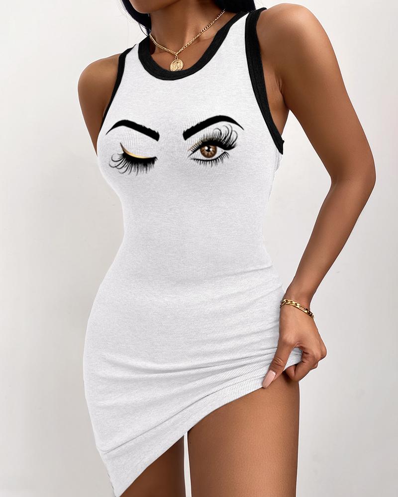 

Eye Print Round Neck Ribbed Tank Dress, White