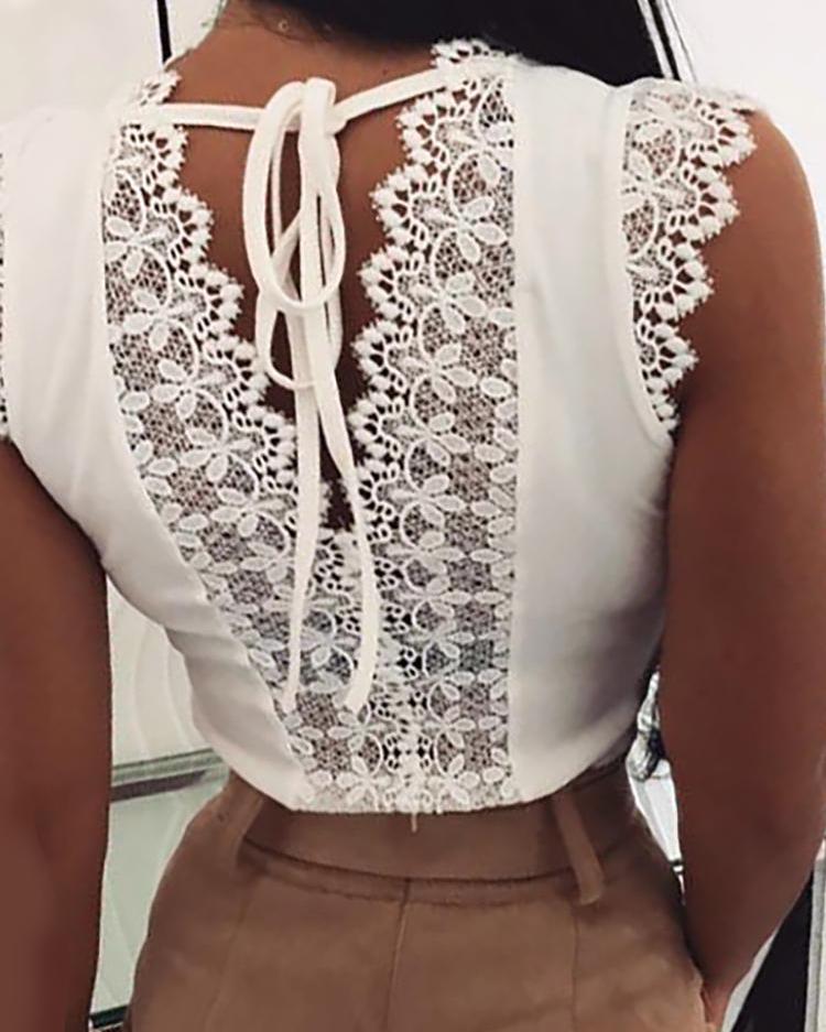 

Women Fashion Sleeveless Lace Stitching Top, White