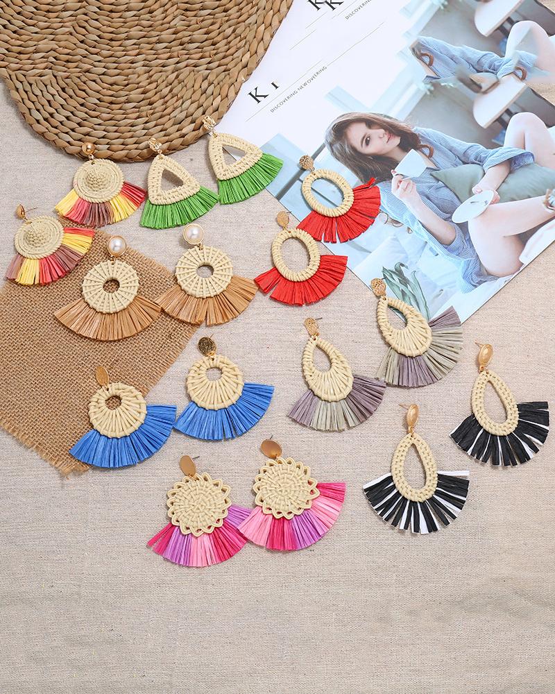 

1Pair Earrings Big Lightweight Geometric Statement Rattan Tassel Earrings, Style1