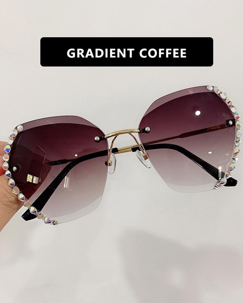 

1Pair Ombre Rimless Rhinestone Geometric Metal Frame Sunglasses, Coffee