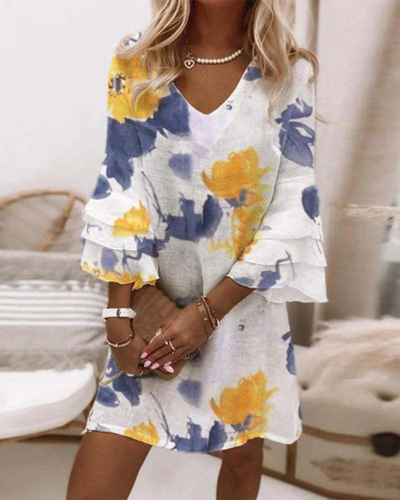 

Floral Print Bell Sleeve Casual Dress, Blue