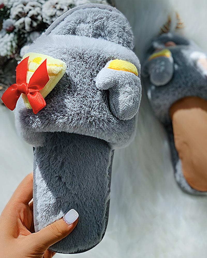 

Christmas Cartoon Pattern Fluffy Slippers, Gray