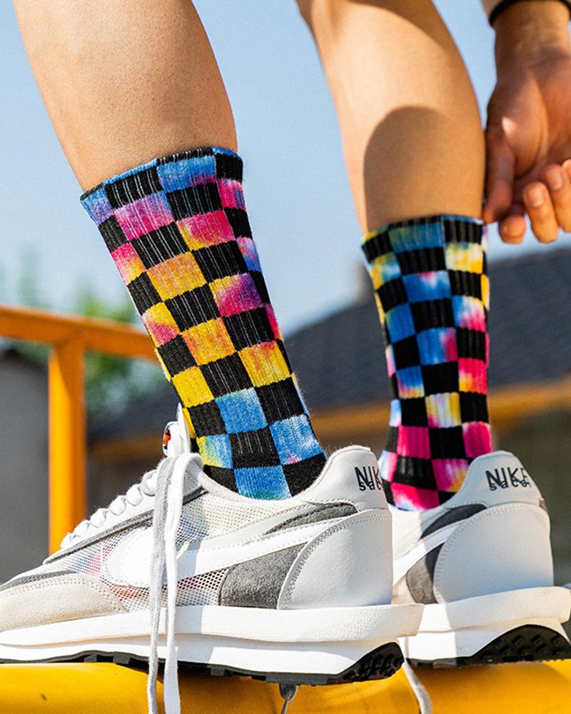 

Plaid Tie Dye Print Long Socks, Black