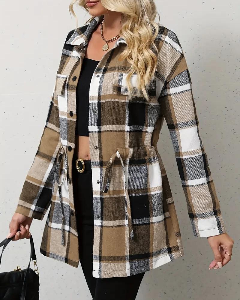 

Plaid Pattern Flap Detail Drawstring Waist Button Front Coat, Khaki