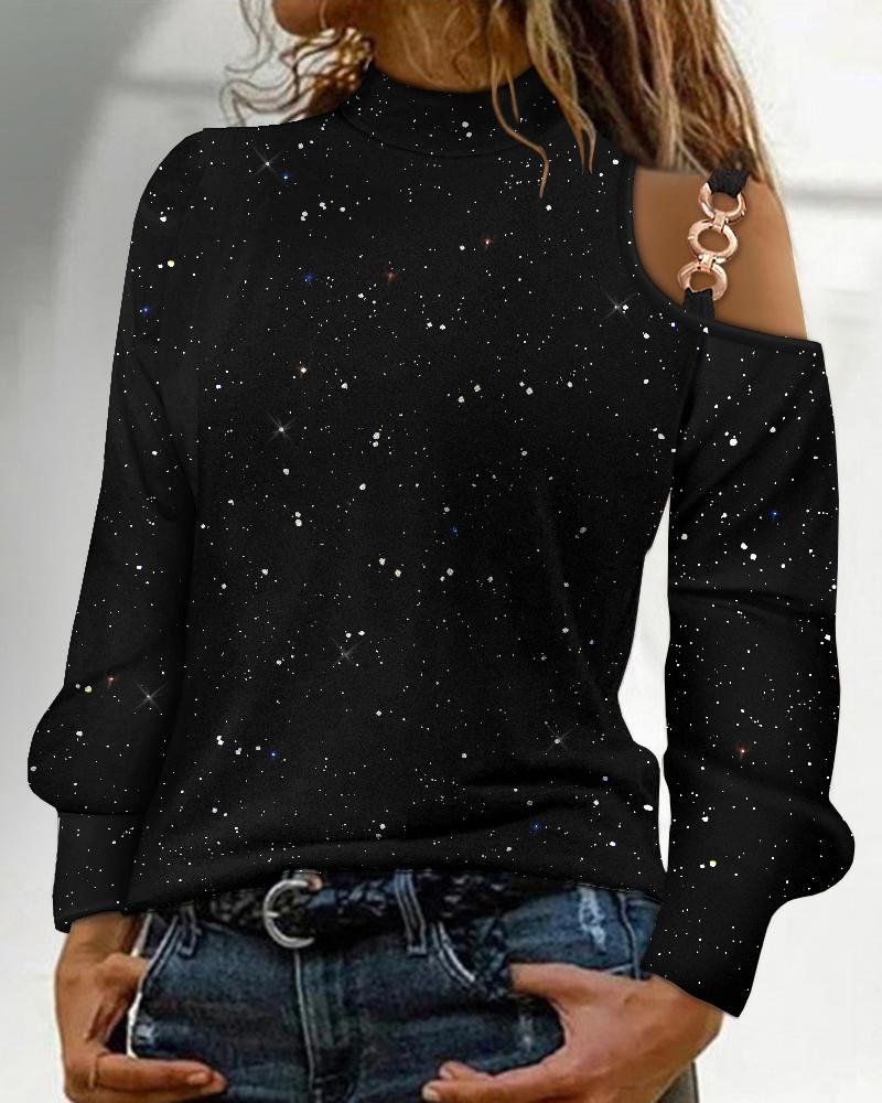 

Glitter Metal Decor Cold Shoulder Top, Black