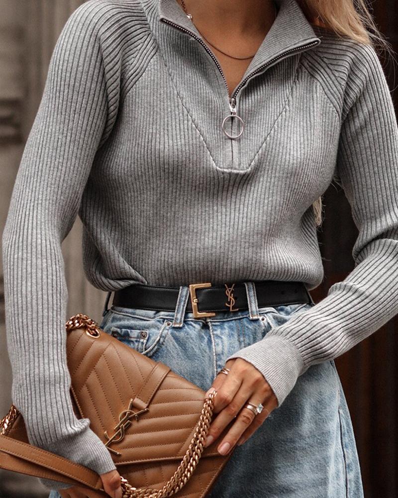 

Turn-down Collar Zipper Design Knit Sweater, Gray