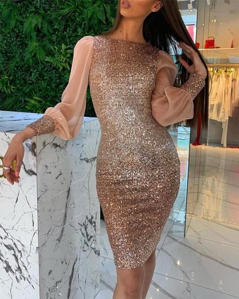 

Lantern Sleeve Mesh Bodycon Sequins Dress, Gold